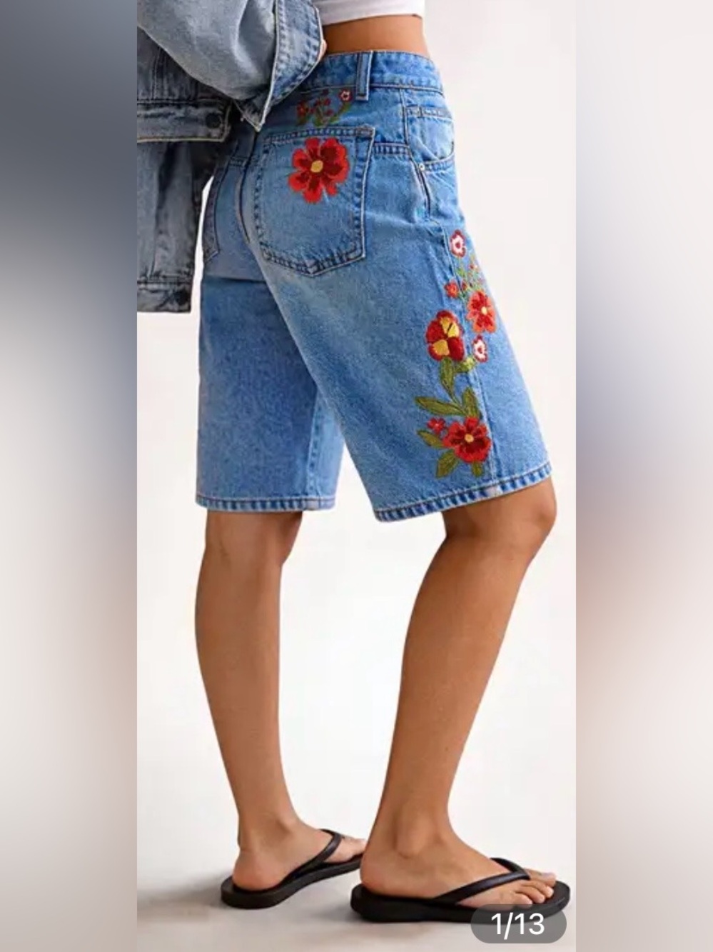 Flamingals Wash Floral Embroidery V Yoke Mid Rise Straight Leg Bermuda Shorts